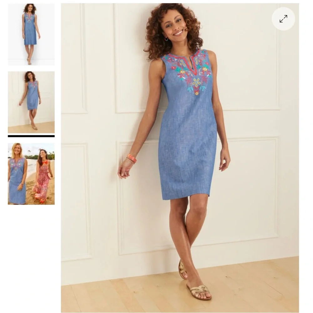 Talbots Dress Linen Blue Embroidered 16 - Picture 3 of 15